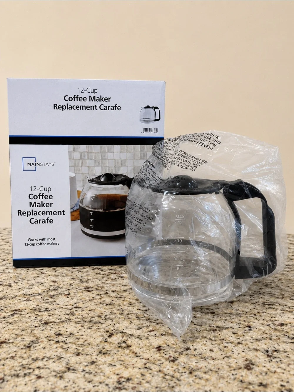 Mainstays 12 Cup Coffee Maker Replacement Carafe Glass Pot Black Handle NEW